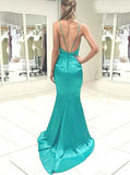 Mermaid Deep V-Neck Backless Sweep Train Turquoise Prom Dress PDA524 | ballgownbridal