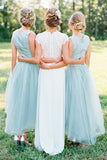 A-Line Square High Low Light Blue Tulle Bridesmaid Dress with Beading AHC620