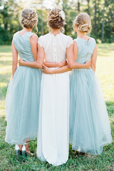 A-Line Square High Low Light Blue Tulle Bridesmaid Dress with Beading AHC620