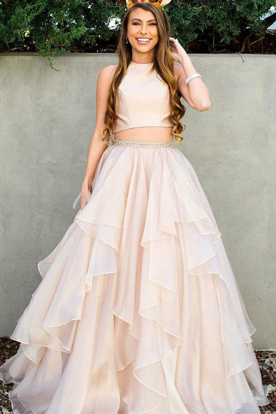 Two Piece Jewel Sweep Train Pink Chiffon Prom Dress with Beading Ruffles LR331