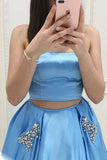 Two Piece Strapless Sweep Train Blue Satin Prom Dress with Pockets AHC539 | ballgownbridal