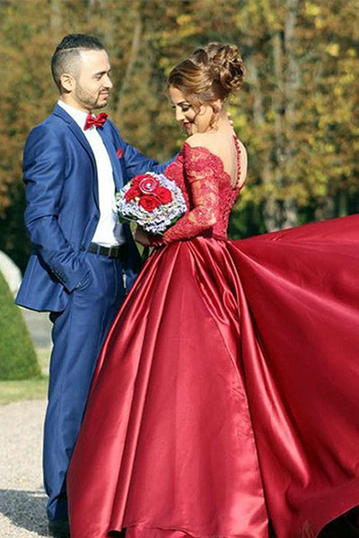 Ball Gown Off-the-Shoulder Sweep Train Long Sleeves Burgundy Satin Prom Dress with Appliques AHC682 | ballgownbridal