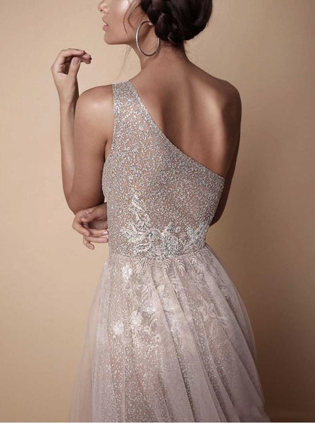 A-Line One-Shoulder Floor-Length Champagne Prom Dress with Beading Split PDA530 | ballgownbridal
