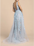A-Line V-Neck Backless Sweep Train Light Blue Prom Dress with Appliques Beading PDA373 | ballgownbridal