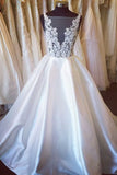 A-Line Bateau Chapel Train Ivory Satin Backless Wedding Dress with Appliques AHC583