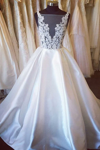 A-Line Bateau Chapel Train Ivory Satin Backless Wedding Dress with Appliques AHC583