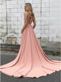 A-Line High Neck Court Train Coral Prom Dress with Pockets PDA275 | ballgownbridal