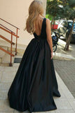 A-Line Deep V-Neck Sweep Train Navy Blue Satin Sleeveless Prom Dress LR316