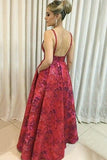 A-Line Deep V-Neck Floor-Length Red Printed Satin Backless Prom Dress LR462