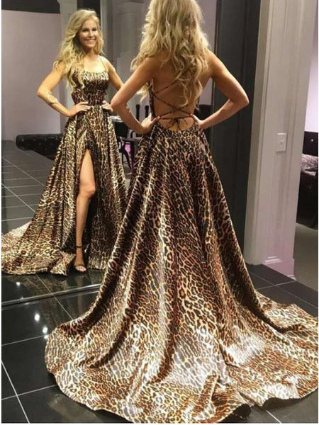 A-Line Spaghetti Straps Sweep Train Leopard Printed Prom Dress with Split PDA267 | ballgownbridal