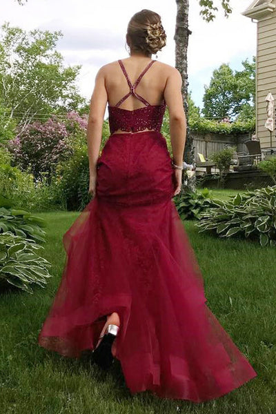 Two Piece Crew Sweep Train Criss-Cross Straps Dark Red Tulle Beaded Prom Dress LR341