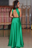 A-Line Jewel Sweep Train Keyhole Green Satin Open Back Beaded Prom Dress LR460