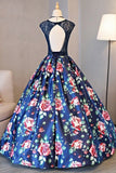 A-Line Crew Sweep Train Royal Blue Printed Satin Open Back Prom Dress with Lace LR269