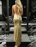 Mermaid Golden V Neck Long Prom Evening Dresses with Open Back PDA233 | ballgownbridal