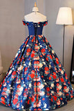 A-Line Off-the-Shoulder Sweep Train Royal Blue Printed Satin Sleeveless Prom Dress LR268