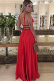 A-Line Deep V-Neck Floor-Length Red Chiffon Backless Prom Dress with Beading LR472 | ballgownbridal