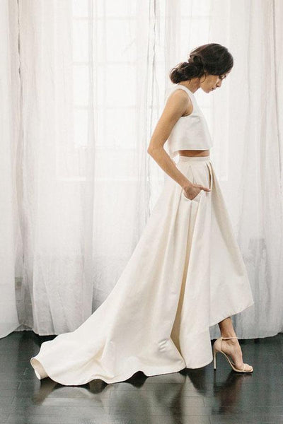 White Two Piece A Line Asymmetrical Sleeveless Satin Wedding Dress AHC564 | ballgownbridal
