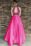 Two Piece High Neck Sweep Train Fuchsia Satin Open Back Prom Dress with Beading Pockets LR49