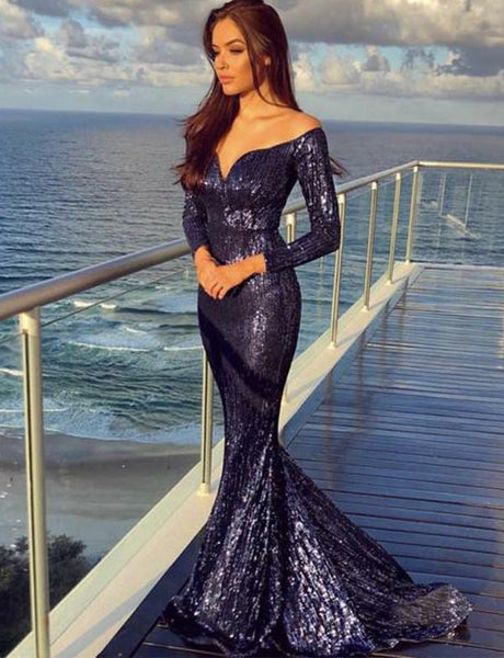 Mermaid Off the Shoulder Navy Blue Prom Dresses Evening Dresses Sweep Train PDA189 | ballgownbridal