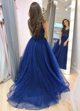 Blue Tulle V Neck Long A Line Beaded Prom Dress PDA519 | ballgownbridal