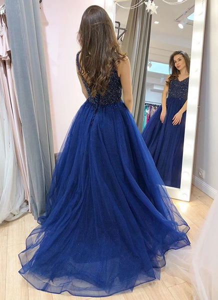 Blue Tulle V Neck Long A Line Beaded Prom Dress PDA519 | ballgownbridal