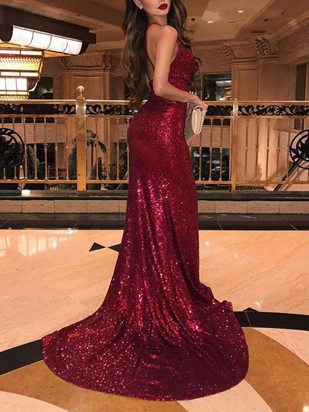 Trumpet/Mermaid Sleeveless V-neck Sweep/Brush Train Ruffles Sequins Dresses LR3