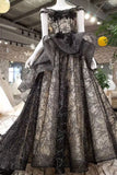 Black Tulle Prom Dresses Lace Up With Appliques Off The Shoulder ZX001