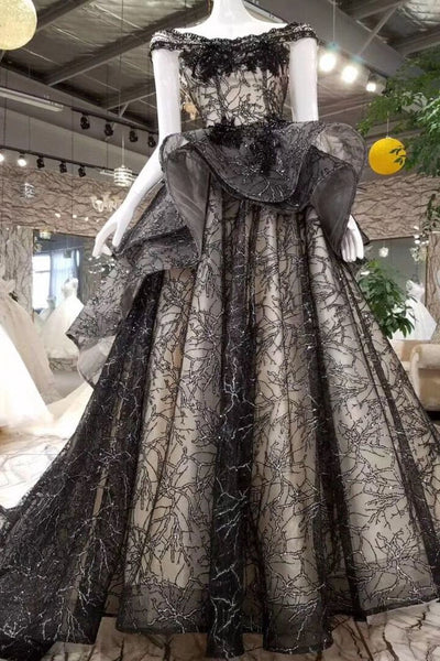Black Tulle Prom Dresses Lace Up With Appliques Off The Shoulder ZX001