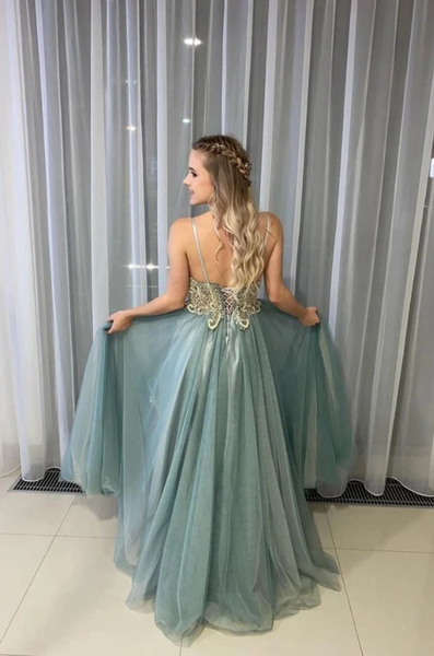 A-Line Green Spagahetti Straps Sweetheart Beades Long Prom Dresses DL0953