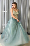 A-Line Green Spagahetti Straps Sweetheart Beades Long Prom Dresses DL0953