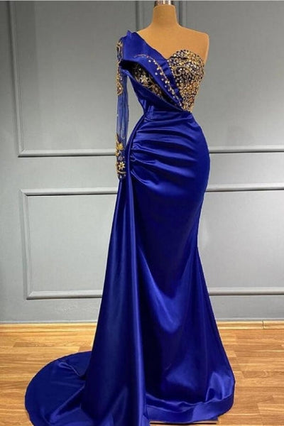 Royal Blue Long One Shoulder Mermaid Prom Dresses with Sleeves DT4859