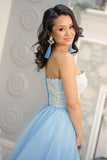 A-Line Strapless Floor-Length Light Blue Prom Dress with Lace Beading LR37