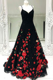 A-Line Spaghetti Straps Sweep Train Black Lace Sleeveless Prom Dress with Appliques LR127