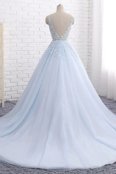 Ball Gown Chapel Train V Neck Sleeveless Backless Appliques Prom Dress,Party Dress  SHE001