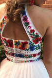 Two Piece High Neck Sweep Train White Tulle Open Back Prom Dress with Embroidery LR223