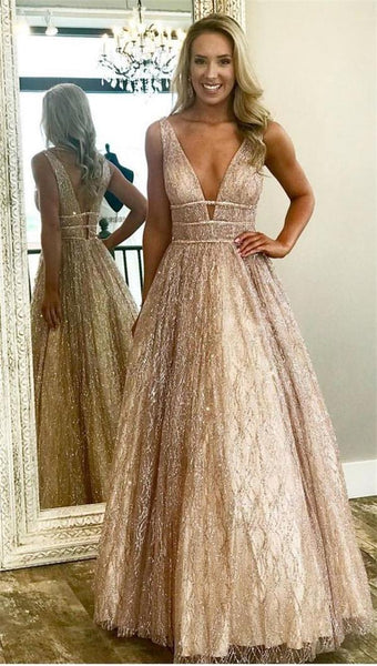 Sparkly Long V-neck Open Back Unique Prom Dresses Princess Dresses  AHC542 | ballgownbridal