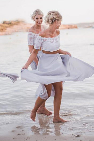 Two Piece Off-the-Shoulder Ankle-Length Grey Chiffon Bridesmaid Dress with Lace AHC611