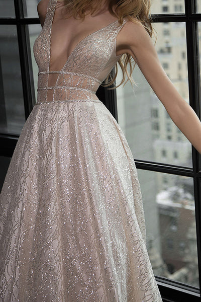 A-Line Deep V-Neck Sweep Train Silver Sequined Backless Prom Dress LR262