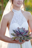 A-Line Halter Court Train White Sleeveless Chiffon Wedding Dress with Lace AHC584