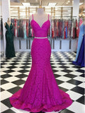 Two Piece Mermaid Spaghetti Straps Sweep Train Fuchsia Lace Prom Dress PDA384 | ballgownbridal