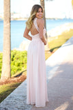 A-Line Jewel Floor-Length Open Back Pink Chiffon Bridesmaid Dress with Lace AHC653