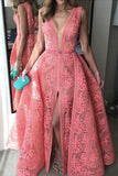 Mermaid Deep V-Neck Floor-Length Split Detachable Watermelon Lace Prom Dress AHC499