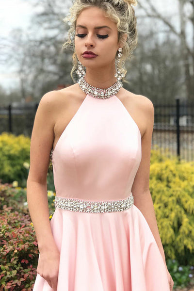 A-Line Jewel Sweep Train Pink Satin Open Back Sleeveless Prom Dress with Beading LR153