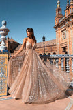 Luxury Spaghetti Straps Sweep Train V Neck Prom Dress with Sequins AHC544