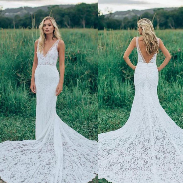 Charming V Neck Sheath Wedding Gowns,Sweep Train Appliques Wedding Dress  AHC567