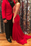 A-Line Spaghetti Straps Sweep Train Red Stretch Satin Prom Dress with Beading LR74