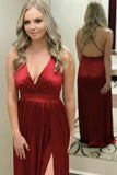 A-Line V-Neck Backless Floor-Length Fuchsia Prom Dress with Split LR21