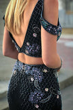 Two Piece Deep V-Neck Cold Shoulder Sweep Train Navy Blue Split Prom Dress with Beading LR120