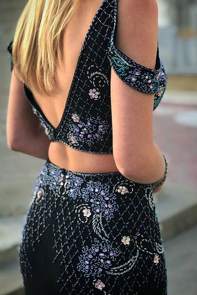 Two Piece Deep V-Neck Cold Shoulder Sweep Train Navy Blue Split Prom Dress with Beading LR120