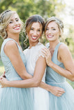 A-Line Square High Low Light Blue Tulle Bridesmaid Dress with Beading AHC620